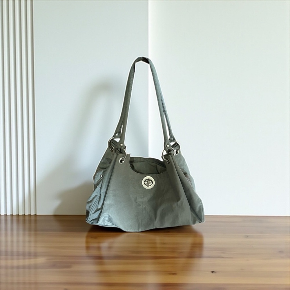 Baggallini Nylon Shoulder Bag | Overnight Bag Turn-lock | Stud Details | Gray